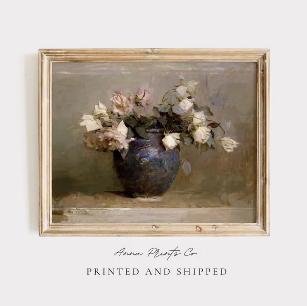 Vintage Roses Still Life Art Print, Cottage Farmhouse