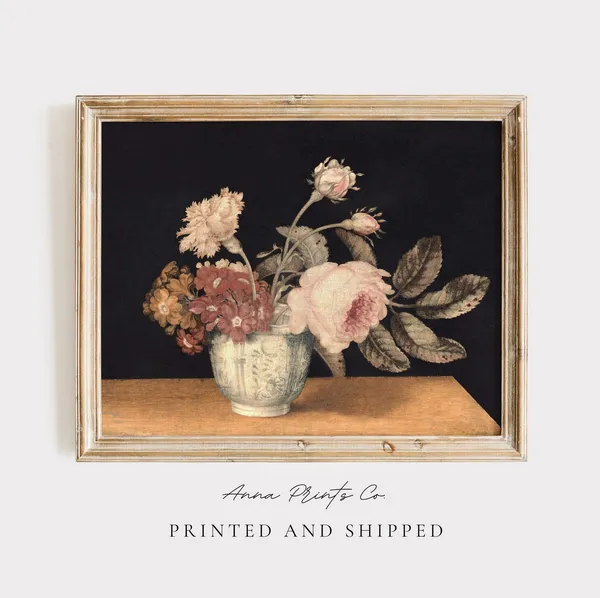 Antique Still Life With Flowers, Farmhouse Art Print