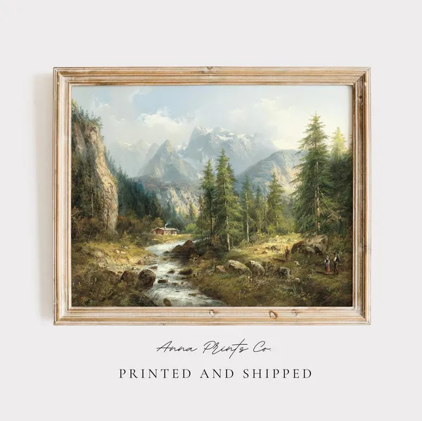 Vintage Mountain Landscape Art Print, Victorian Forest