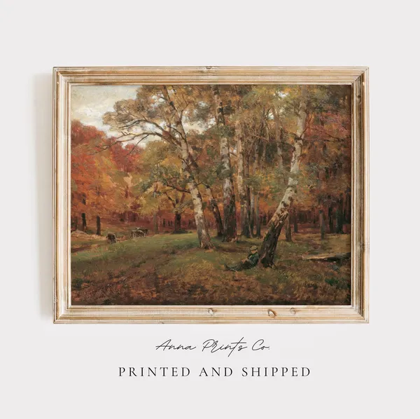 Rustic Autumn Forest Landscape, Vintage Farmhouse Art Print