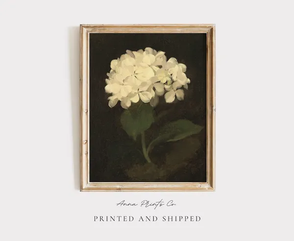 White Hydrangea Vintage Floral Art Print, Cottagecore
