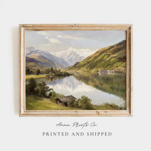 Mountain Lake Landscape, Vintage European Art Print