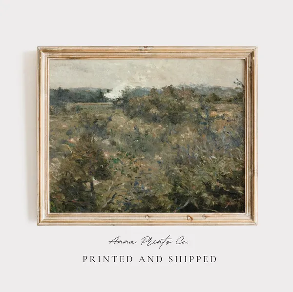 Vintage Green Meadow Landscape, Farmhouse Art Print