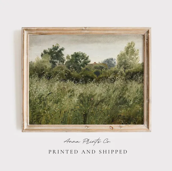 Antique Green Field Landscape, Vintage Art Print