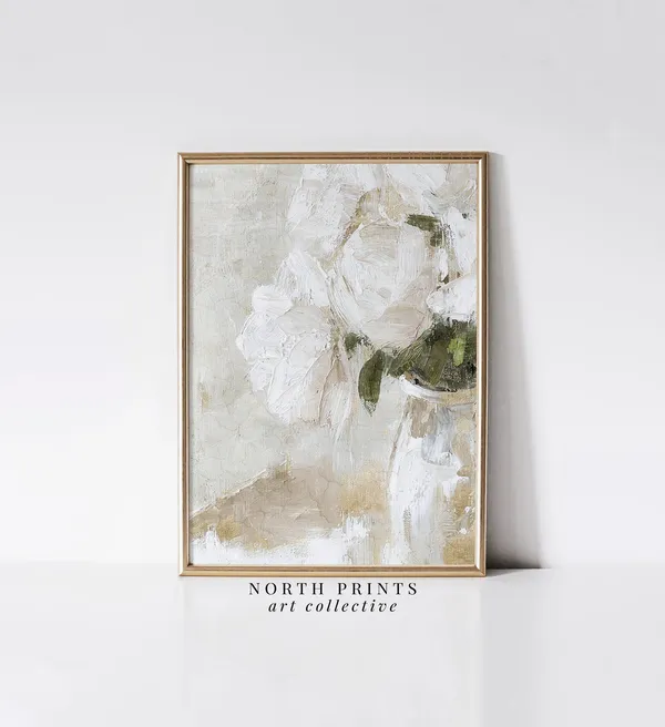 Abstract White Roses Botanical Art Print, Modern Farmhouse