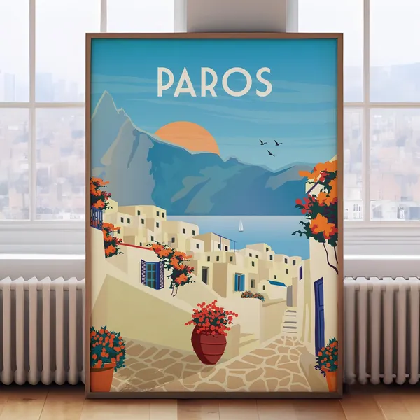 Paros Retro Greece Travel Poster, Wall Art Print