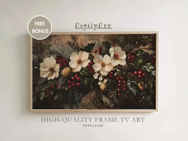 Winter Floral Christmas Poster, Rustic Holiday Botanical