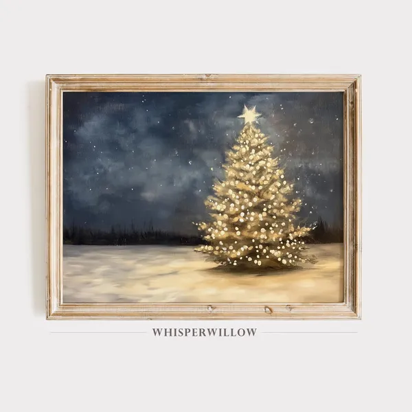 Glowing Christmas Tree Under Starry Sky Art Print