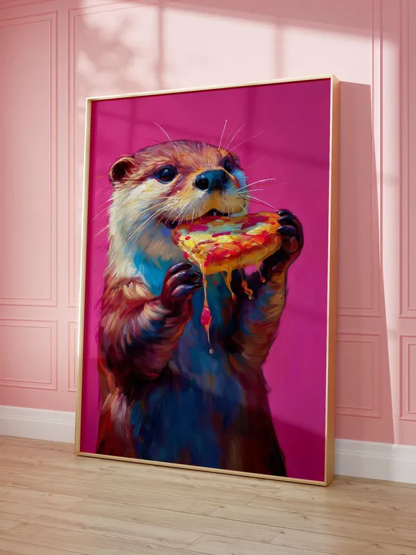 Cute Otter Eating Pizza, Maximalist Food Poster
