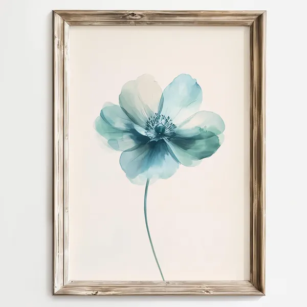 Minimalist Blue Floral Watercolor Art Print, Modern Botanical