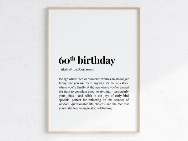 60th Birthday Definition Print, Sarcastic Dictionary Poster