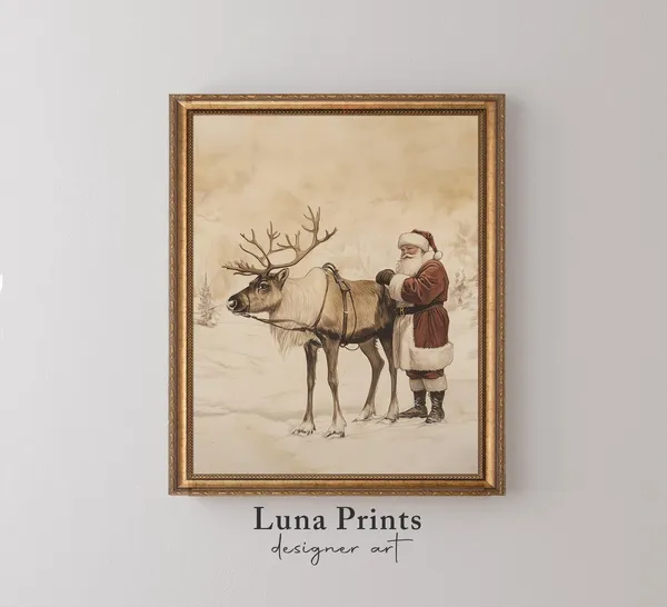 Santa And Reindeer Traditional Holiday Poster