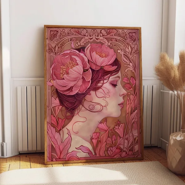 Floral Art Nouveau Lady and Pink Flower Art Print