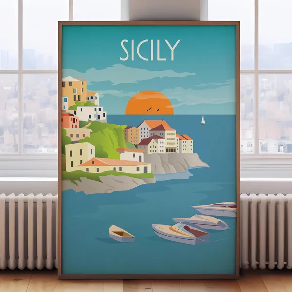 Sicily Retro Travel Poster, Italy Wall Art Print