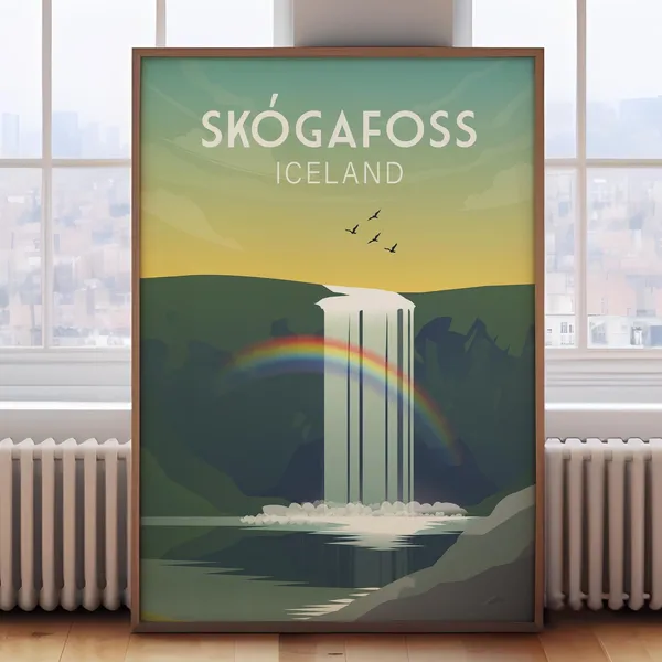 Skogafoss Iceland Travel Poster, Northern Lights Print