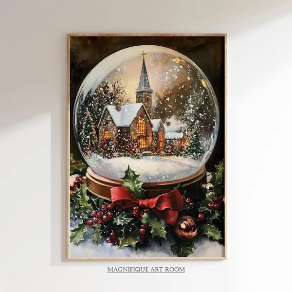 Vintage Christmas Snow Globe, Cottagecore Art Print