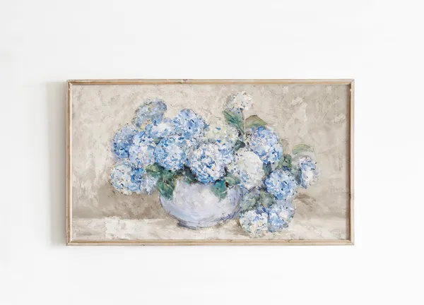 Blue Hydrangeas Still Life, Coastal Floral Art Print