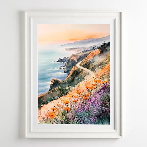 Big Sur Sunset Watercolor Art Print, Coastal Wall Art