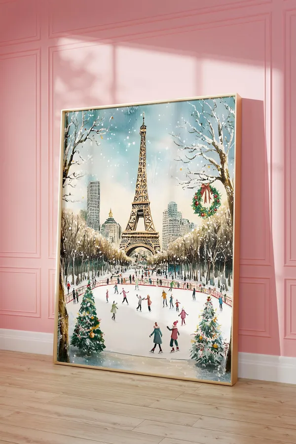 Paris Christmas Ice Skating, Eiffel Tower Travel Poster
