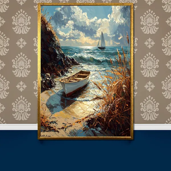 Rustic Rowboat by Ocean Shore, Nautical Wall Art Print