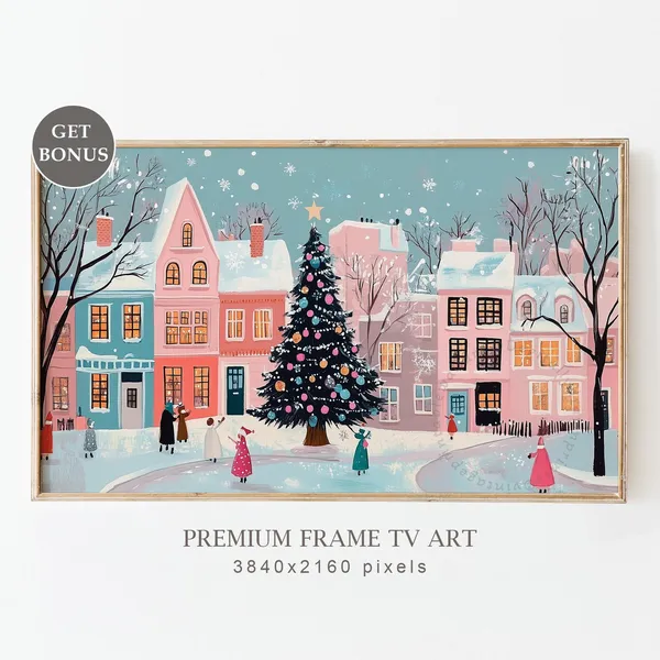 Snowy Pink Village Christmas Landscape Art Print