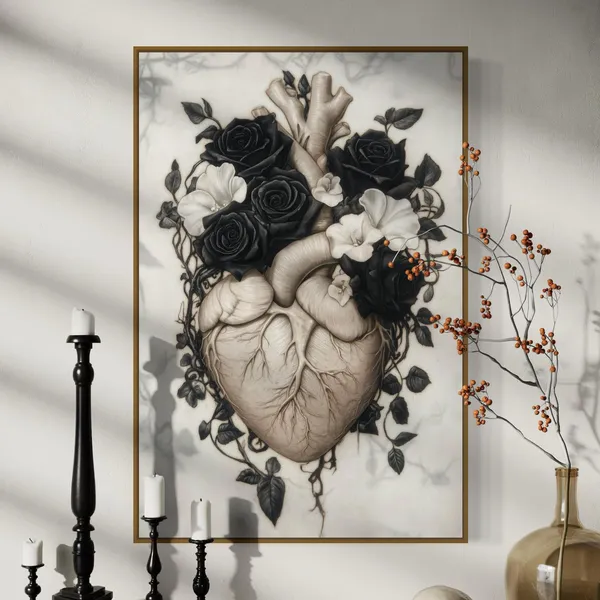 Gothic Anatomical Heart, Dark Botanical Art Print