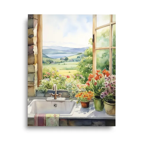 Traditional Scottish Kitchen Watercolor Print, Cottage View