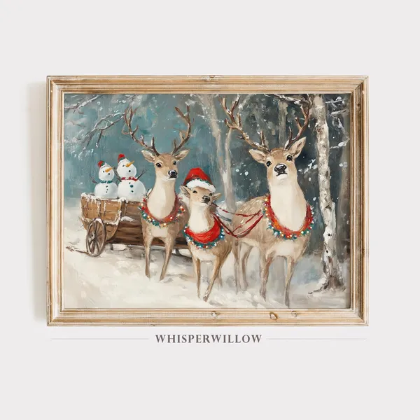 Festive Reindeer And Snowmen Holiday Art Print