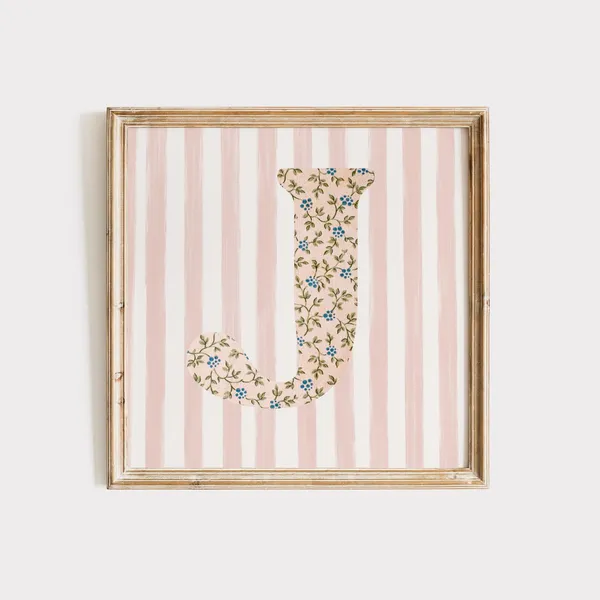 J Square Initial Floral Watercolor Art Print