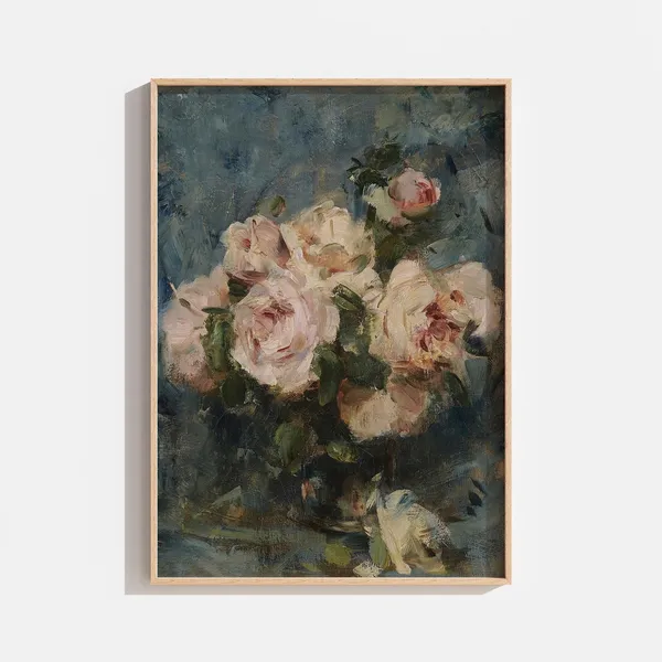 Vintage Floral Still Life, Pink Roses Art Print