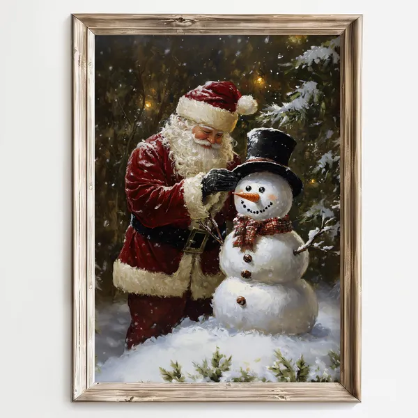 Santa and Snowman Christmas Art Print, Holiday Decor