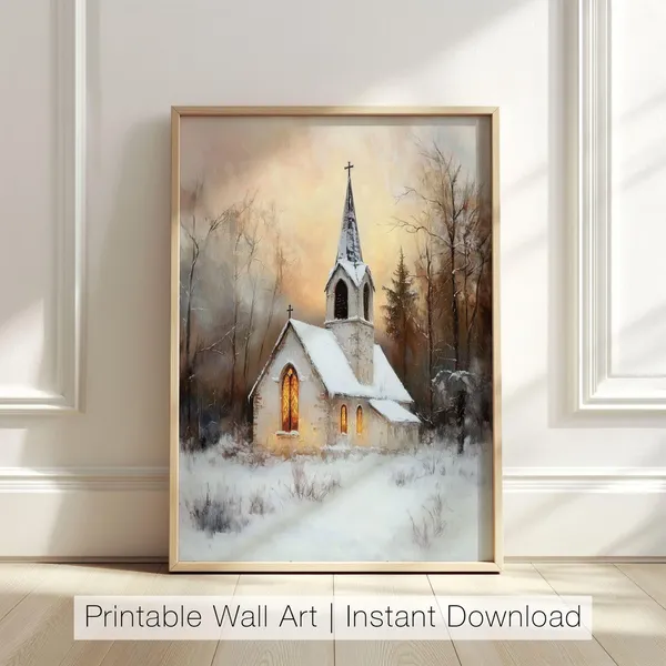Vintage Winter Church Art Print, Rustic Landscape