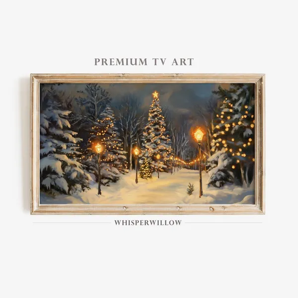 Snowy Winter Christmas Lights Painting, Holiday Decor