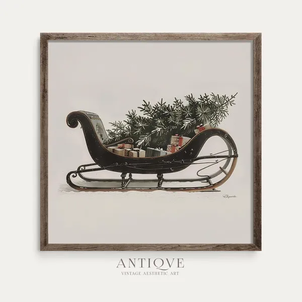 Vintage Sleigh With Christmas Tree, Farmhouse Art Print