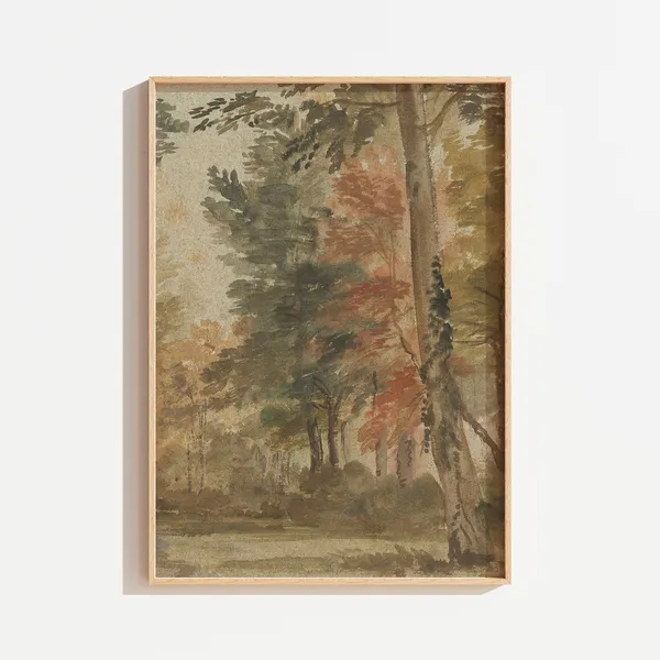 Vintage Tree Landscape Painting, Antique Fall Foliage