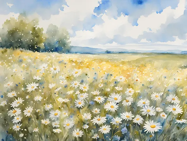 Daisy Field Watercolor Art Print, Farmhouse Decor