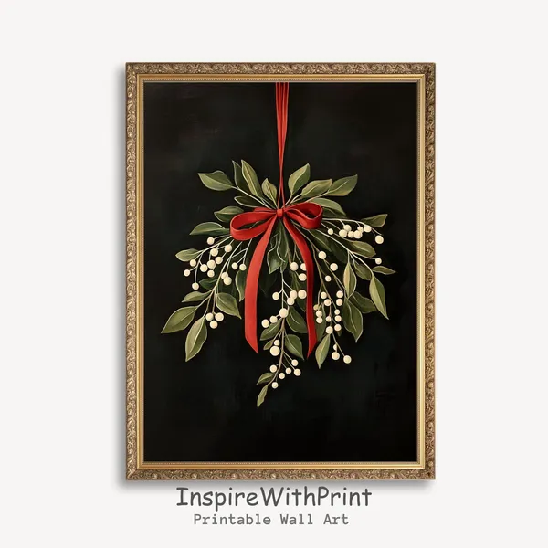 Vintage Christmas Mistletoe Art Print, Rustic Holiday