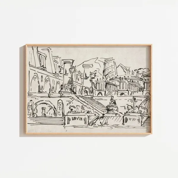Vintage Black Ink Abstract City Landscape Art Print