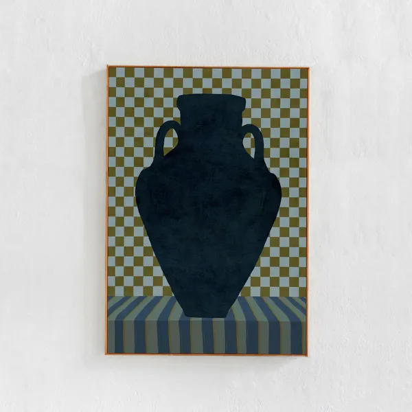 Still Life Vase Art Print, Scandi Boho Checkered Decor