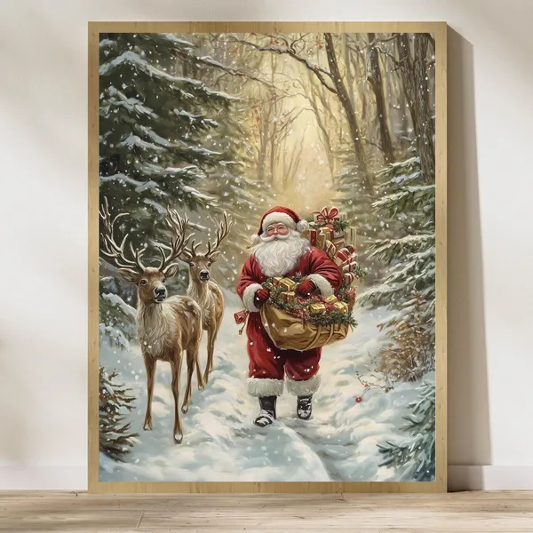 Santa Claus and Deer Rustic Christmas Art Print