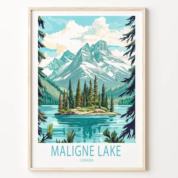 Maligne Lake Travel Poster, Canada Landscape Print