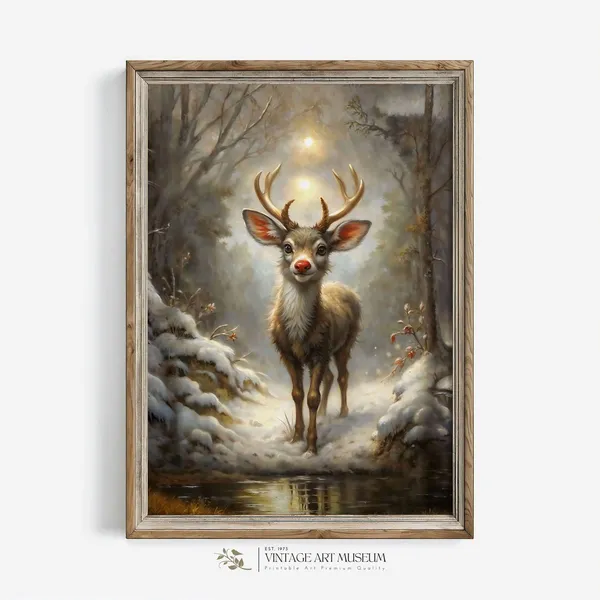 Rudolph in a Snowy Scene, Vintage Christmas Art Print