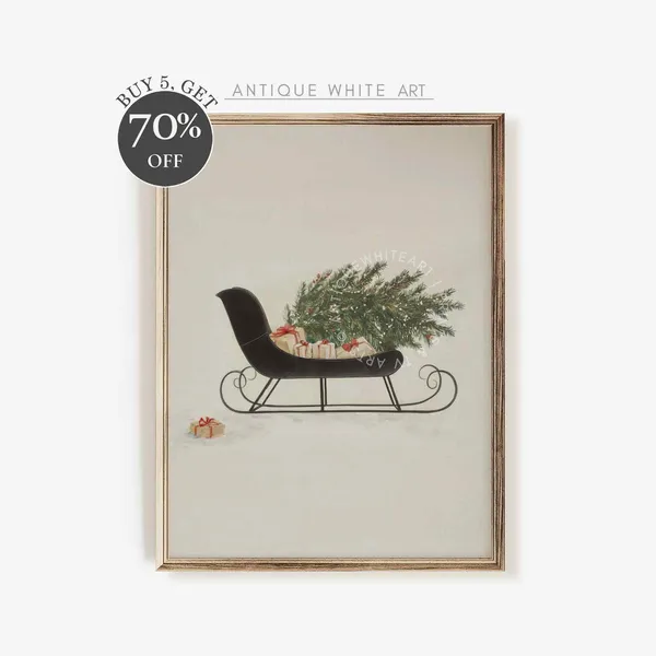 Vintage Sleigh Christmas Tree Holiday Decor Art Print