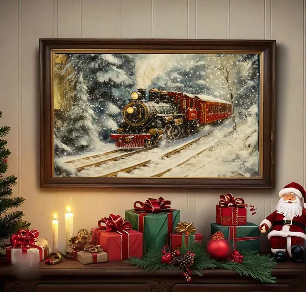 Christmas Train Art Print, Rustic Winter Scene