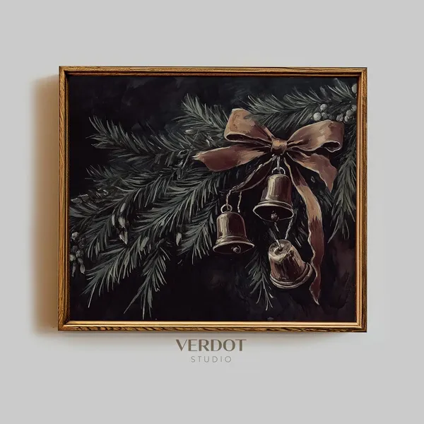 Vintage Bells Christmas Print, Dark Winter Holiday