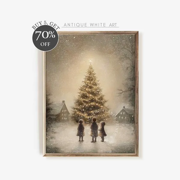 Christmas Tree Print, Moody Winter Town Farmhouse