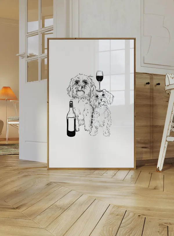 Cavapoo Dogs And Wine Drawing, Art Print