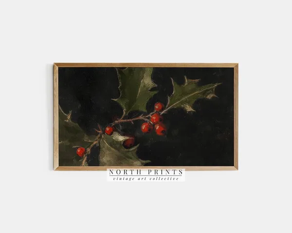 Winter Holly Berry Art Print, Moody Festive Decor