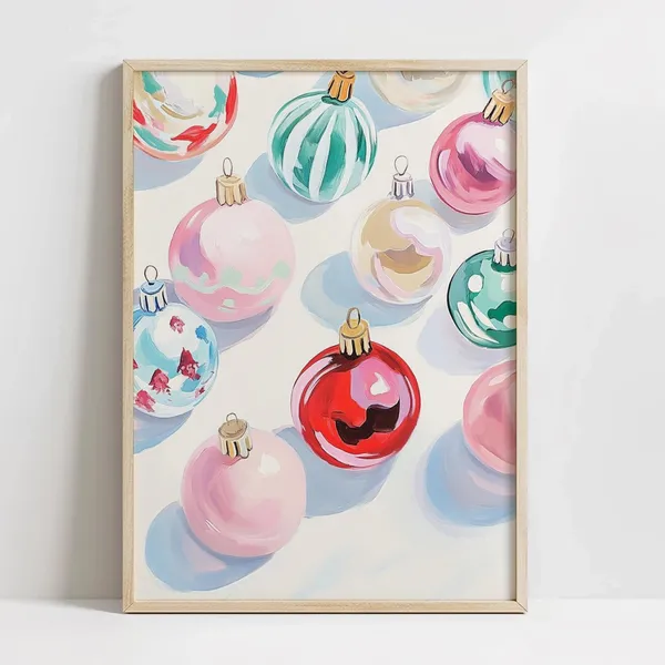Colorful Christmas Ornaments Art Print, Preppy Winter Decor