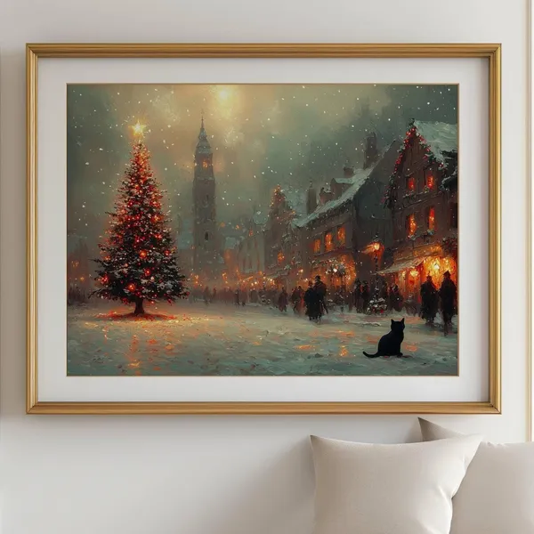 Christmas City Scene With Black Cat, Impressionist Art Print